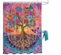 Abstract Colorful Flower Tree Shower Curtain for Bathroom, Retro Watercolor Butterfly root Waterproof Cloth Fabric Bathroom Accessories Set with 12 Rust Proof Plastic Hooks, 56” x 78”