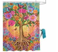 Abstract Colorful Flower Tree Shower Curtain for Bathroom, Root Life Butterfly Retro Watercolor Waterproof Cloth Fabric Bathroom Accessories Set with 12 Rust Proof Plastic Hooks, 66” x 72”