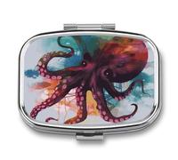 Abstract Colorful Octopus Pill Box 2 Compartment, Portable Pill Case with Mirror for Pocket Purse Travel, Mini Metal Medicine Organizer for Vitamins Fish Oil