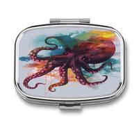 Abstract Colorful Octopus Pill Case 2 Compartments Metal Small Pill Box Travel Pill Organizer Portable Medicine Container Mini Daily Medicine Holder Vitamin Container Fish Oil