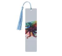 Abstract Colorful Octopus Wooden Bookmarks Handmade Double-Sided Printed Book Marks Page Markers with Sky Blue Tassels Book Accessories Gift for Book Lovers Women Men