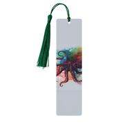 Abstract Colorful Octopus Wooden Bookmarks Handmade Double-Sided Printed Book Marks Page Markers with Dark Green Tassels Book Accessories Gift for Book Lovers Women Men