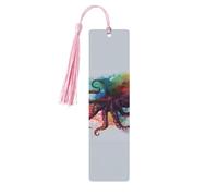 Abstract Colorful Octopus Wooden Bookmarks Handmade Double-Sided Printed Book Marks Page Markers with Pink Tassels Book Accessories Gift for Book Lovers Women Men