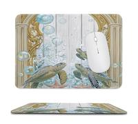 Abstract Colorful Sea Turtle Non-Slip Base Mousepad,Rustic Cute Nautical Wooden Boards Ocean Wildlife Starfish Stitched Edges for Decoration,Most Types of Mouse 11.8"x9.8"