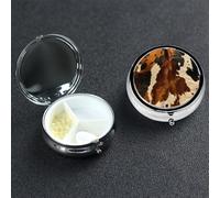Abstract Cow Skin Pill Box 3 Compartment Round Portable Pill Case for Pocket or Purse Small Weekly Medicine Planner Travel Pillbox with Mirror Decorative Metal Vitamin Holder Gifts