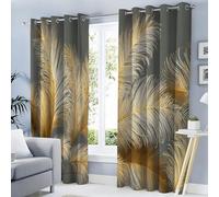 Abstract Curtains, Gold Feathers Palm Leaves 3D Print Pattern Eyelet Thermal Insulated Room Darkening Blackout Window Drapes, for Bedroom Kids Nursery 2 Panels W 66" x L 90", Ash