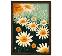 Abstract Daisy Blossoms Flowers Artwork Framed Wall Art Print A4 Artery8 Brown One Size