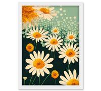 Abstract Daisy Blossoms Flowers Artwork Framed Wall Art Print A4 Artery8 White One Size