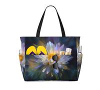 Abstract Daisy Print Large Waterproof Beach Tote Bag for Women with Zip and Pockets Foldable Handbag for Travel Pool Shopping Holiday Gym