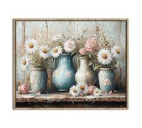 Abstract Daisy Wall Art Vintage White Flower Canvas Picture Rustic Rose Daisy Painting Botanical Prints Farmhouse Floral in Vase Framed Artwork for Living Room Kitchen Bathroom Home Decoration 20x25cm