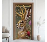 Abstract Deer Rabbit 3D Door Mural Self-Adhesive, Rose Greenery Vine Door Stickers Removable Murals Art, Fairy Tale Pastoral Animals Door Decals PVC Wallpaper, for Office Bedroom, 85x200 cm