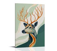 Abstract Deer with Golden Antlers And Flowing Lines, Flat Pastel Green Background Wall Art Mural Modern Decoration Hanging Art Poster 12x18inch(30x45cm)