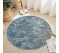 Abstract Detailed Waves Rugs Round 180 cm Living Room Modern Non-Slip Area Rug, Round Machine Washable Floor Carpet, Low Pile Soft Circle Rug for Bedroom Kids Room Decor, Light Blue
