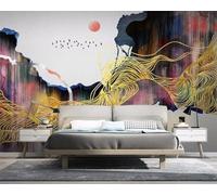 Abstract Doodle Golden Line Sunrise Bird Flying 3D Wallpaper Silky Texture Home Study Office Grey Dining Room Sofa Bedroom Living Room TV Backdrop-150cm×105cm