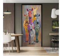 Abstract Door Sticker Multicoloured Peel and Stick Door Mural, African Animals Striped Zebra Herd PVC Removable Wallpaper Decoration for Bedroom, 77 x 200 cm Self-Adhesive Home Waterproof Door Decal
