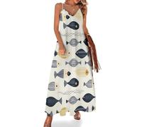Abstract Dot Fish Print Summer Maxi Dresses for Women, Casual Beach Vacation Spaghetti Strap Sundresses