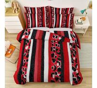 Abstract Duvet Cover Set 260 × 220 cm, Red and black Striped and leopard print collage Bedding Set 3pcs for Fashionista Decor, Comforter Cover Soft Microfiber Quilt Cover with 2 Pillowcases