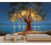 Abstract Enchanted Tree Murals Blue Sky Art Deco Wallpaper Night Landscape Painting Wallpaper Lake and Reflection Bedroom Wall Paper for Bedroom Living Room Mural Poster 300X240cm