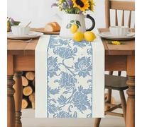 Abstract Ethnic Tribal Flower Texture Table Runner 70 Inches Long,Table Runners Kitchen Dining Tables Decoration for Home Party Decor, Vintage Blue Floral on White Tables Runner Wedding Dresser Scarf