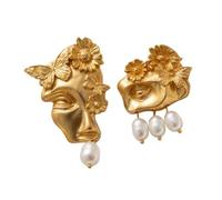 Abstract Face Earrings for Women, Sculptural Gold Tone Jewelry with Pearl-Look Accents, Mismatched Floral Butterfly Design, Party Look Pair Statement Dangle Earrings for Women