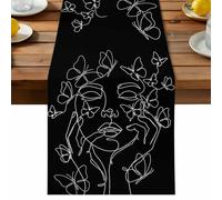 Abstract Face Table Runner, White Lines Women Face Floral Butterfly Silhouette Black Cotton and Table Linen Runner for Kitchen Dining Home Decor for Party Festival Holiday Decoration Gift 13x70in