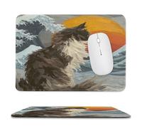 Abstract Fantasy Great Waves Non-Slip Mouse Pad,Colorful Oil Painting Ocean Waves Japanese Cat Red Sun with Most Types of Mouse,Stitched Edges for Decoration 20x24 cm