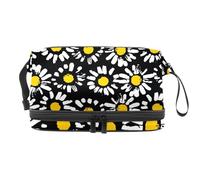 Abstract Floral Chamomile Pattern Double Layer Cosmetic Bag for Women and Girls, Travel Toiletry Bag Makeup Handy Pouch Organiser Bag with Brush Compartment