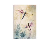Abstract Floral Insect Canvas Wall Art Purple Dragonfly Vintage Artwork Botanical Nature Inspired Design Beautiful Hanging Paintings Poster for Household Wall Decoration 16x24inch(40x60cm)
