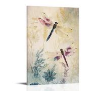 Abstract Floral Insect Canvas Wall Art Purple Dragonfly Vintage Artwork Botanical Nature Inspired Design Beautiful Hanging Paintings Poster for Household Wall Decoration 16x24inch(40x60cm)
