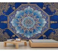 Abstract Floral Lotus Mandala Mural Luxurious Geometric Gold Lines Wallpaper Dark Blue Accent Wallpaper Moire Pattern Kids Wall Paper for Bedroom Living Room Mural Poster Decor 150X105cm