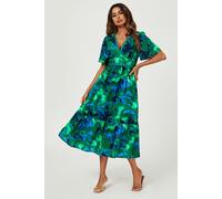 Abstract Floral Print Lace Detail Angel Sleeve Maxi Dress FS Collection Green S