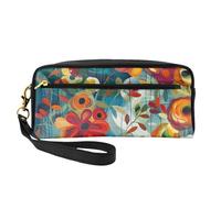 Abstract Floral Printed Leather Makeup Bags with Wrist Strap Portable Travel Toiletry Bag Cosmetic Organizer Bag for Women