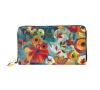 Abstract Floral Printed Leather Wallet for Men Women, Long Clutch Handbag with 12 Card Holder and 3 Money Clip