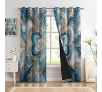 Abstract Floral Shape Curtains, Fluid Art Style 3D Print Patterned Eyelet Thermal Insulated Blackout Window Drapes For Bedroom Living Room 2 Panels 65 X 90 Inch, Blue-Green