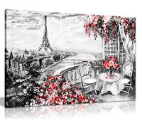 Abstract Floral Summer Cafe Paris Black & White Red Canvas Wall Art Picture Print (24x16)