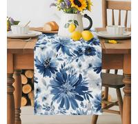 Abstract Floral Table Runner 16x72 Inches Long Deep Blue Watercolor Daisies Texture Cotton Linen Table Runner Burlap Style for Dinner Table Party Decor Tabletop Decorations
