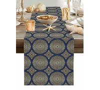Abstract Floral Table Runner 48 Inches Long, Vintage Navy Blue Moroccan Circle Geometric Art Washable Table Runners Heat-Insulation Kitchen Dining Table Decorations for Home Party Decor, 13"x48"