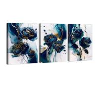 Abstract Floral Wall Art Navy Blue and Gold Marble Wall Decor Bedroom Pictures Watercolor Rose Flowers Canvas Prints Modern Neutral Framed Artwork for Living Room Home Decorations 30x40cm 3Pcs