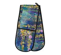 Abstract Floral Watercolor White, Yellow Red Ivy Flowers on Blue Double Oven Mitt Gloves Extra Long Potholder High Heat Resistant for Baking Cooking Baking Grilling Handling Hots Pans 35"x7"