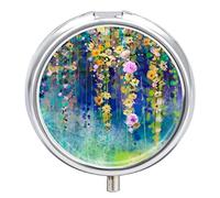 Abstract Floral Watercolor White, Yellow Red Ivy Flowers on Blue Iron Pill Box Case Organizer with Internal Separate Plastic Dividers, Travel Small Medicine Bag Holder Carrier Round Container