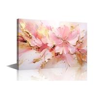 Abstract Flowers Canvas Wall Art Modern Pink Marble Wall Art Decor Golden Lines Flower Painting Prints on Canvas 1 Panel Simplicity Poster Art for Lady Office Room Wall Art Decoration 24x16 Inch