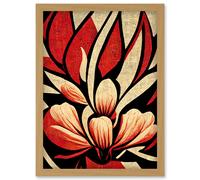 Abstract Flowers Design Cream Red Black Vivid Bold Artwork Framed Wall Art Print A4 Artery8 Light Oak One Size