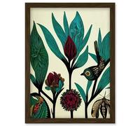 Abstract Folk Art Leaves Flowers Birds Vintage Style Green Burgundy Cream Black Artwork Framed Wall Art Print A4 Artery8 Brown One Size