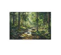 Abstract Forest Canvas Wall Art, Watercolor Green Trees River Landscape Picture Painting on Canvas, Print Poster Decoration Artwork for Home Living Room Bedroom Wall Decor Uframe 12x18inch(30x45cm)
