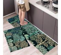 Abstract Forest Kitchen Rugs Non Skid Washable Mats Set of 2 PCS, Hand Drawn Doodle Art Absorbent Runner Rugs for Kitchen, Front of Sink,Sink Laundry, 40x60cm+40x120cm Dark Green
