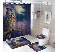 Abstract Full Moon Owl 4 Piece Shower Curtain Sets,Retro Watercolor Oil Painting design Night Owl Non-Slip Rugs,Toilet Lid Cover and Bath Mat,Durable and Waterproof,for Bathroom Decor Set