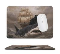 Abstract Funny Black Cat Non-Slip Base Mousepad,Vintage Watercolor Ocean Wave Nautical Sailboat Animal Shark Stitched Edges for Decoration,Most Types of Mouse 9.4"x7.9"