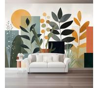 Abstract Geometric Circle Plant Branch Leaf Pattern Non-Woven Wallpaper | Modern Illustration Style Multicolour Wallpaper, 250x175cm Feature Wallpaper for Bedroom Adults Teenager Living Room
