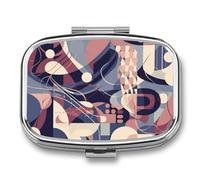 Abstract Geometric Lines Pill Box 2 Compartment, Portable Pill Case with Mirror for Pocket Purse Travel, Mini Metal Medicine Organizer for Vitamins Fish Oil