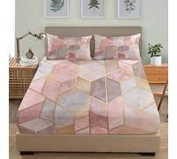 Abstract Geometric Marble Soft Cozy Brushed Microfibre Fitted Sheet Set 4ft Small Double 48x75 inch 30cm Deep Pocket Pink Fitted Bed Sheet Breathable Hypoallergenic Bedding for Boys Girls Room Decor